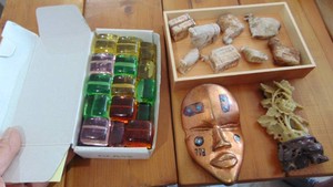 Soapstone Floral Piece, Little Figures, Glass Placecard Holders and Small Decor Mask