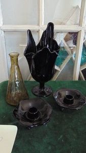 Vintage Black Amethyst Glass Pieces and Small Vase