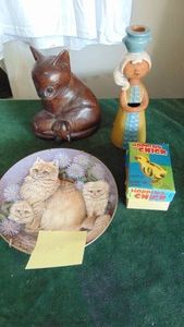 Wood Cat, Cat Plate, Candleholder and Vintage Japan Wind-Up Chick