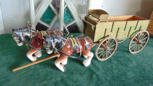 Vintage Ceramic Horses and Wood Wagon Set