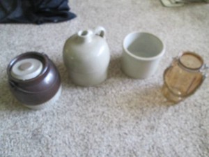 Trio of Stoneware crocks and colore...