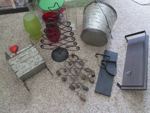 Metal Bucket and wall decor, glass ...