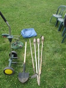 Green garden pot cart, hoe, shovel,...