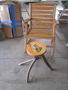 Slatted wood rocking chair and Tree...