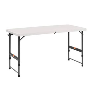 HDX 4 ft. Almond Resin Top Single Hand Adjustable Height IndoorOutdoor Rectangular Folding Utility Table