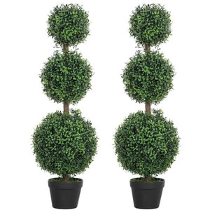 HOMCOM 39.4 in. Set of 2 Decorative Artificial Plants, Topiary Ball-shaped Boxwood Trees in Pot, Fake Plants