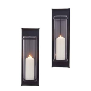 DANYA B Algarve 16 in. Black Pillar Candle Sconces (Set of 2)