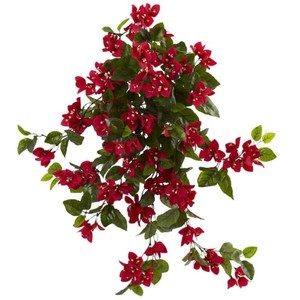 Nearly Natural IndoorOutdoor 28 in. Bougainvillea Hanging Bush Artificial Plant UV Resistant (Set of 2)