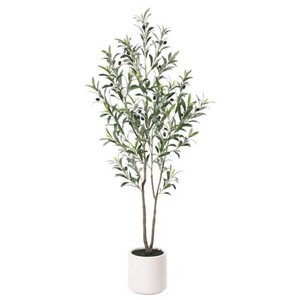 DR.Planzen 5 ft. Artificial Olive Tree with White Planter, Large Faux Olive Silk Tree for Indoor Home Decor and Housewarming Gift