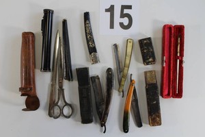 Lot Of Vintage Straight Razors, Scissor, And Looking Glass