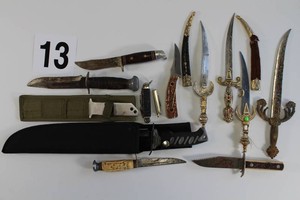 Lot of Ornate Display Knives, Hunting Knives, And A Machete