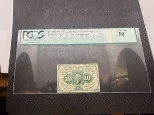 FR 1242 First Issue 10 Cent Fractional Currency Straight Edges w  ABNCo. Monogram PCGS About New 50