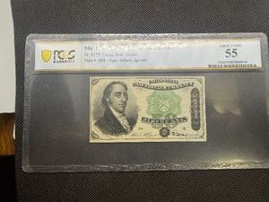50 Cent Fourth Issue Fractional Currency Fr. 1379 Green Seal Dexter Plate # G28 - Sign. Allison, Spinner PCGS About UNC 55