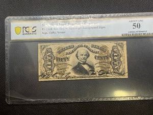 50 Cent Third Issue Fractional Currency Fr. 1328 Red Rev. wSurcharge Autographed Signs. Sign. Colby, Spinner PCGS About UNC 50