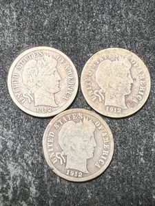 3 US BARBER DIMES 1912P-D-S