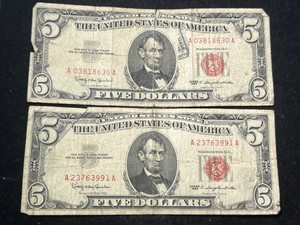 2 US RED SEAL $5 BILLS