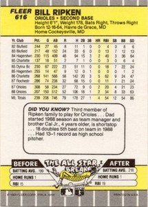 1989 Fleer Baseball Billy Ripken #616 FF Error Card