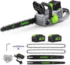 $140 Electric Chainsaw Cordless, 42V 16 Inch Battery Chainsaw with Brushless Motor and Quiet Superior Cutting Power, Hand Battery Powered chainsaw for Tree Trimming Wood Cutting, 2 Battery and Charger