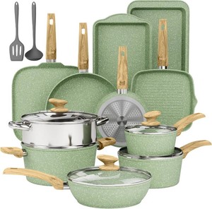 $170 17 Piece Pots and Pans Set Non Stick, Nonstick Induction Granite Kitchen Cookware Sets, Induction Cookware Frying Pans, Nonstick Granite Cooking Set, Pan Sets for Cooking, Green