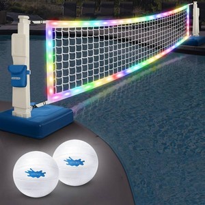 $150 OHYEMO LED Pool Volleyball Net Set, Light Up Pool Volleyball Game Set with 2 LED Water Balls, Adjustable Net and Pump, Swimming Pool Sports Game Set for Adults Teens, Inground Pool Toy Party Fun
