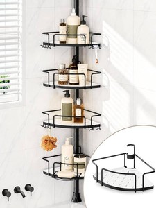 ALLZONE Corner Shower Caddy Tension Pole, 4 Hang-On Basket with Mixed-Height Shelves for Various Bottle Sizes, Extra Hooks & Soap Holder, Rustproof Stainless Steel, Fits 34 116 Inch, BlackWhite
