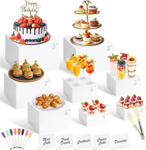 8 Pcs White Buffet Risers with Mini Table Sign, Serving Tongs, Acrylic Food Risers for Buffet Table Display Stand Shelf for Party Catering Dessert Jewelry Collectibles (Size 9 8 7 6 5 5 4 4)