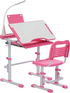 SMAGREHO Kids Desk and Chair Set, Height Adjustable Childs School Study Writing Tables with Tilt Desktop, LED Light, Storage Drawer, Book Stand (Pink)