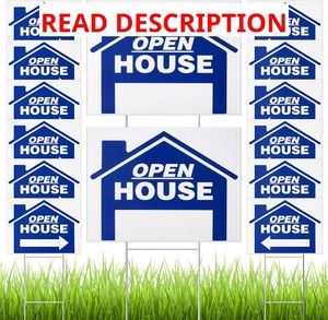 14 Pack Open House Sign for Real Estate 24 x 18 Inch Double Sided Sign Posts Plastic Heavy Duty Directional Yard Mark with Left Right Arrows 14 Pcs H Metal Stakes(Blue)