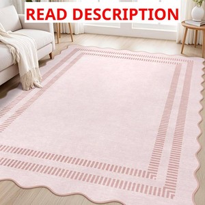 Pink Rugs for Bedroom Girls, 5x7 Washable Non Slip Area Rugs for Living Room, Soft Vintage Ultra-Thin Scalloped Carpet for Nursery Dorm Home Decor