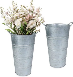 12 Inch Galvanized Metal Vases for Flowers - 2 Pcs Farmhouse Decorative Tall Flower Bucket with Handles, Rustic French Tin Planter Buckets for Wedding Decor (Silver)