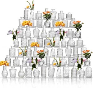 Glass Bud Vases Set of 64 - Assorted Small Mini Glass Vases for Flowers, Crystal Vintage Vase Set, Bulk Centerpieces for Table D cor, Wedding, Home and Events (Clear, 64 Pcs)