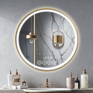 Wall-Mounted Round Bathroom Mirror with LED-Lights - Frame Vanity Mirrors (24 x 24, Gold)