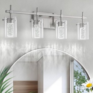 $121 4-Light Brushed Nickel Vanity Light with 3 Color Modes (3000K4000K6000K), Eye Protection LED Bathroom Light Fixture, Dimmable Modern Wall Light Over Mirror with Clear Glass Shade