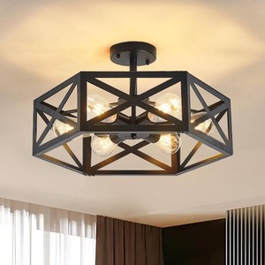 Modern Semi Flush Mount Ceiling Light,19.7 6-Light Hexagon Flush Mount Ceiling Lights for Dining Room Light Fixture,Farmhouse Black Metal Kitchen Island Lighting Fixtures for Hallway,Bathroom