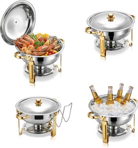 Chafing Dish Buffet Set 4 Pack, 6QT Round Stainless Steel Food Warmers for Home Family Gatherings, Holiday Parties, Gold & Silver Set with 4 PansLids, Perfect for Catering & Special Events