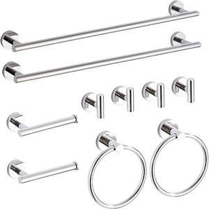 Chrome Bathroom Hardware Set 10 Piece with Towel Racks for Bathroom, SUS304 Stainless Steel Bath Towel Bar Set, 24 Inch Wall Mounted Accessories Kit