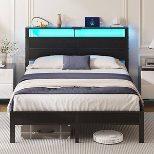 $120 Queen Size Bed Frame with LED Lights, USB Type C Charging Headboard, Black Metal Platform Bed with Storage Shelf, Noise Free Design, No Box Spring Needed