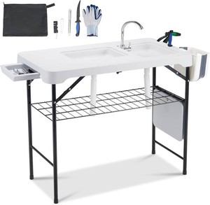 $130 Dragosum 42 Outdoor Fish Cleaning Table Portable Camping Sink Station with Double Sinks, Collapsible Swivel Faucet, Picnic Sink Table for Picnic Beach Patio