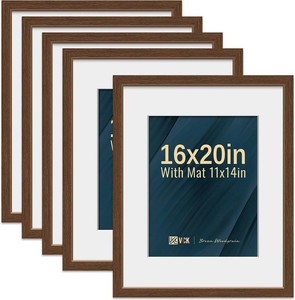VCK 16x20 Picture Frame 5 Pack - Brown, High-End Wood Poster Frames with Tempered Glass, Display 11x14 Photo with Mat or 16x20 without Mat, Art Gallery-Quality, Wall Hanging