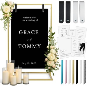 Gold Wedding Welcome Sign Stand with Holder - Elegant Metal Easel Display for Seating Chart, Reception Signs, Welcome Board - 30 Customizable designs for Baby, Bridal Shower - Versatile Party Sign Holder