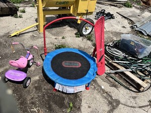 Radio Flyer Pink and Purple Tricycle, Little Tikes Mini Trampoline with Handle Bar and Spider-Man Snow Sled
