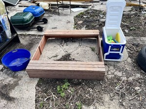 Igloo Cooler with Sand Toys, Wooden Sandbox Frame, and Misc. Yard Items