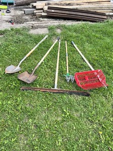 Lot of Garden and Yard Tools Including Shovels, Squeegee, Garden Cultivator, Leaf Rake Basket