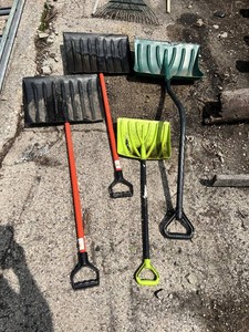 Lot of 4 Snow Shovels Including Black, Green and Lime Green Plastic