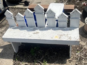 White Painted Wood Decorative Birdhouse Picket Fence Garden Bench 47 Inches Wide