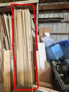 Lot of Assorted Sheet Goods and Lumber Including MDF, Particle Board, Plywood, Melamine and Solid Wood Panels (within the red outline)