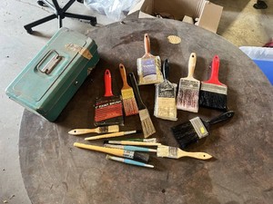 Paint brushes including Master Tech 4 Paint Brush, Varathane Pure Bristle Brush, and Varnish 3 Brush with VIntage Liberty Steel Toolbox