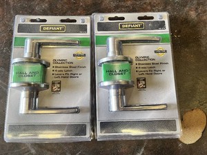Lot of 2 Defiant Olympic Collection Hall and Closet Door Lever Sets Model 721 212 Stainless Steel Finish