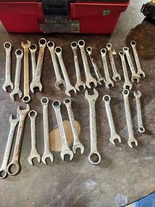 Lot of Combination Wrenches in Various SAE Sizes Including Pittsburgh, True-Grip, Olympia, Crescent, Gedore, and USA-Made Brands with Keter 13 Inch All Purpose Tool Box