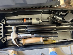Stack-On Tool Box with Black and Decker Cordless Screwdriver, Tool Shop Soldering Gun, Hammer, Screwdrivers, Solder Wire, Eveready Flashlight and Assorted Hand Tools